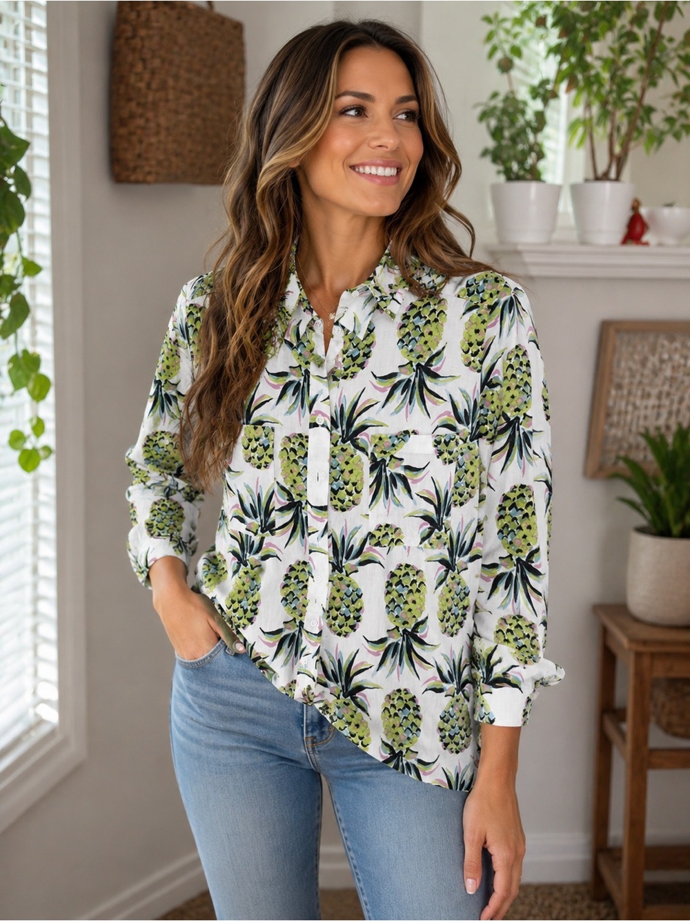 Boden 100% Linen Pineapple Print Button Front Shirt Size 10 US White Tropical